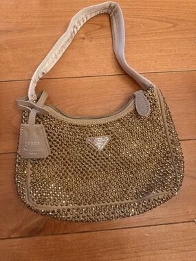 Prada Beige Gold Rhinestone Crystal-Embellished Shoulder Bag